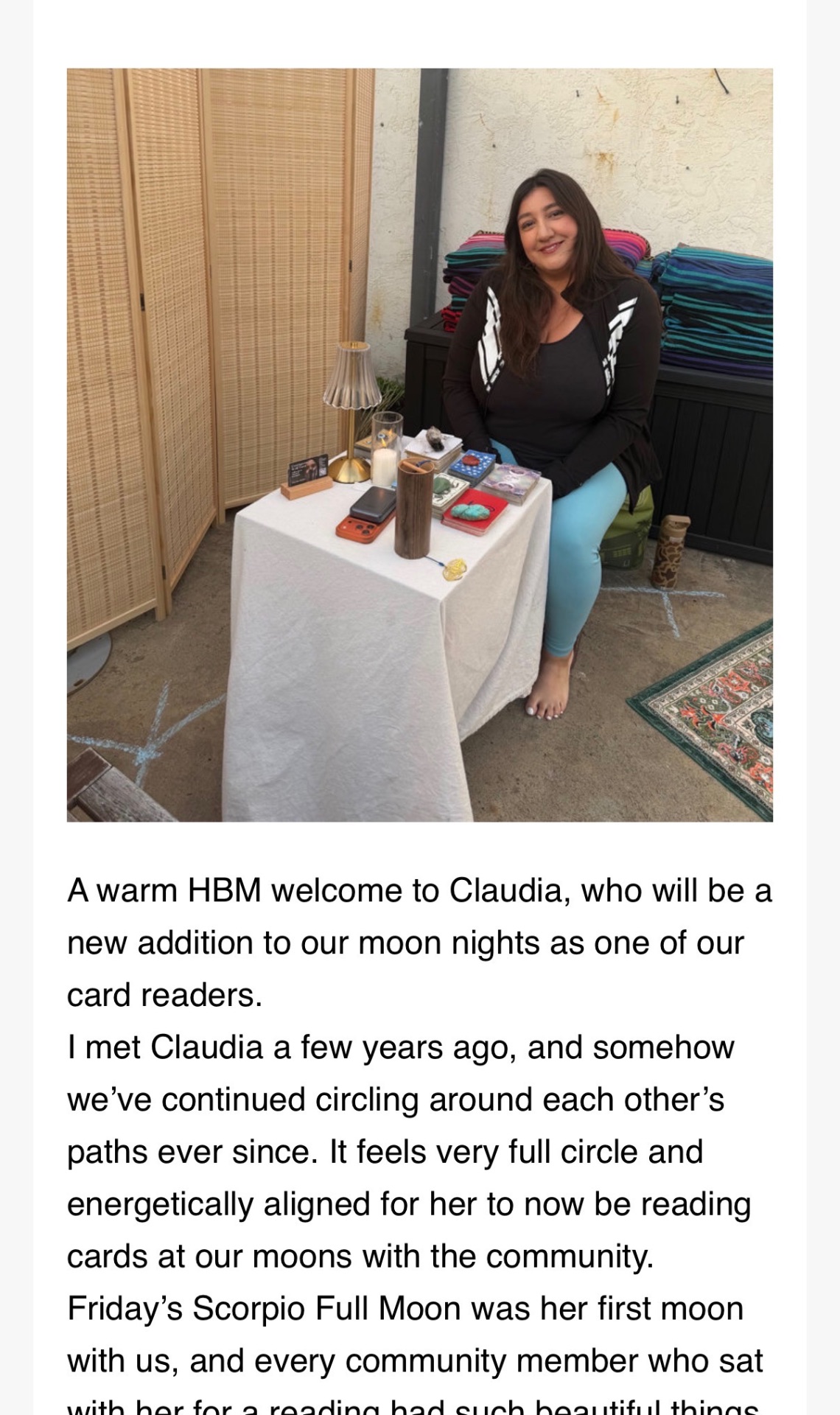 Claudia reading cards at Happy Blue Marble moon night