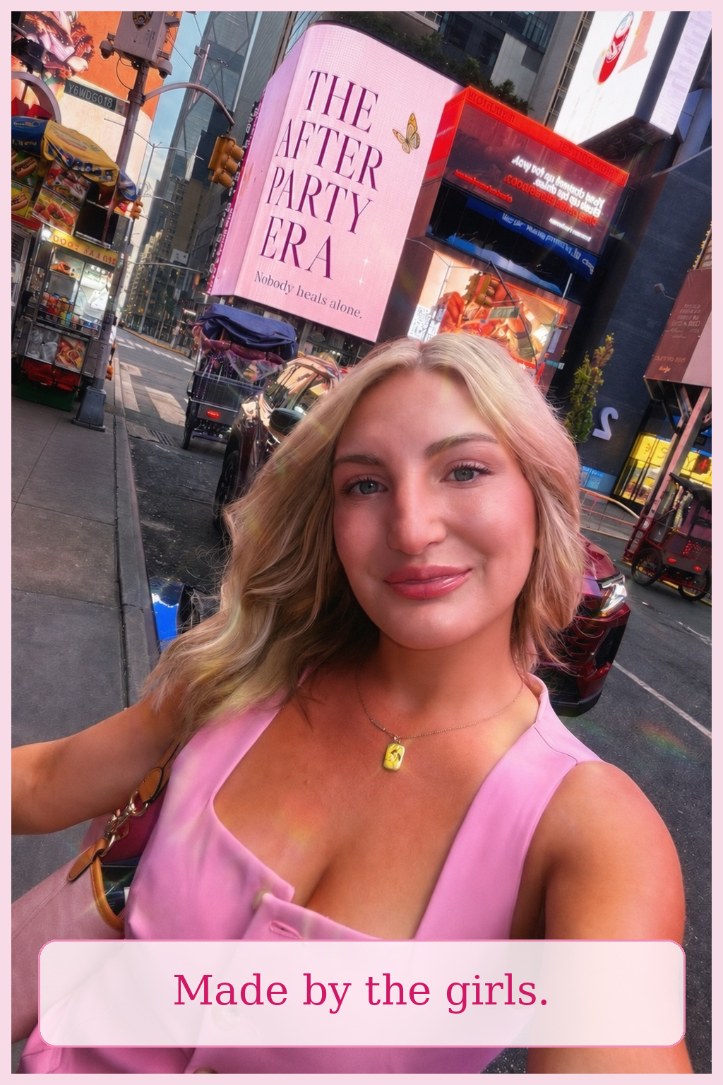 Founder Emily Attwood in Times Square in front of The After Party Era billboard reading Nobody heals alone