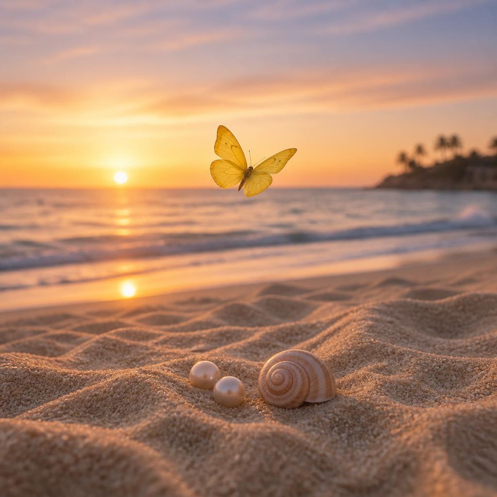 Yellow butterfly over a La Jolla sunset with pearls on the sand