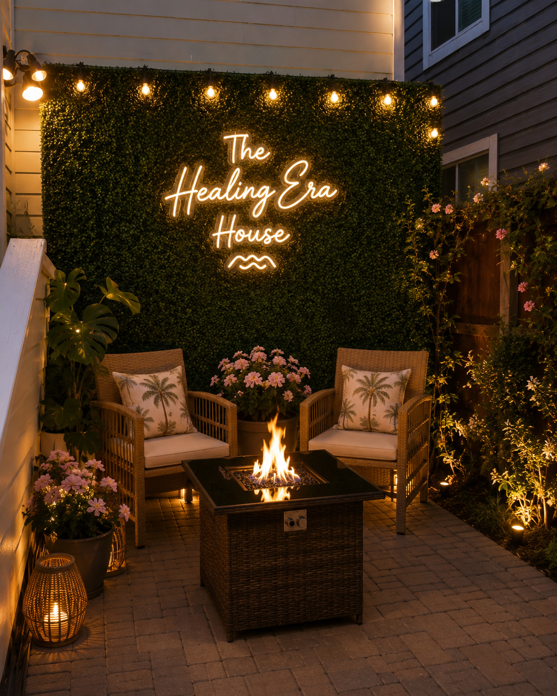 Healing Era House neon sign glowing over the firepit patio at dusk