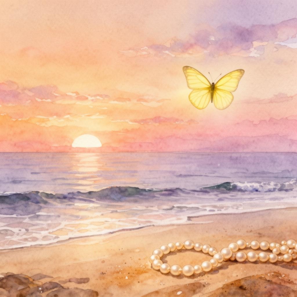 Yellow butterfly over a La Jolla sunset with pearls on the sand