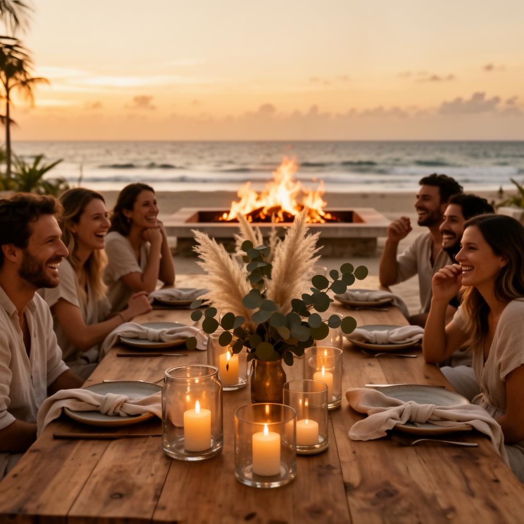 Concept rendering: long candlelit dinner table on a coastal patio at golden hour with friends and a fire pit