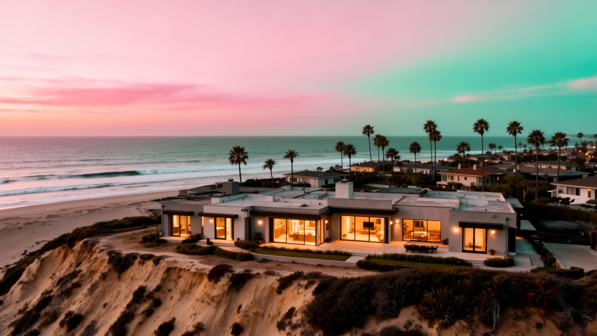 Coastal twilight aerial view of a modern home overlooking the Pacific in Solana Beach