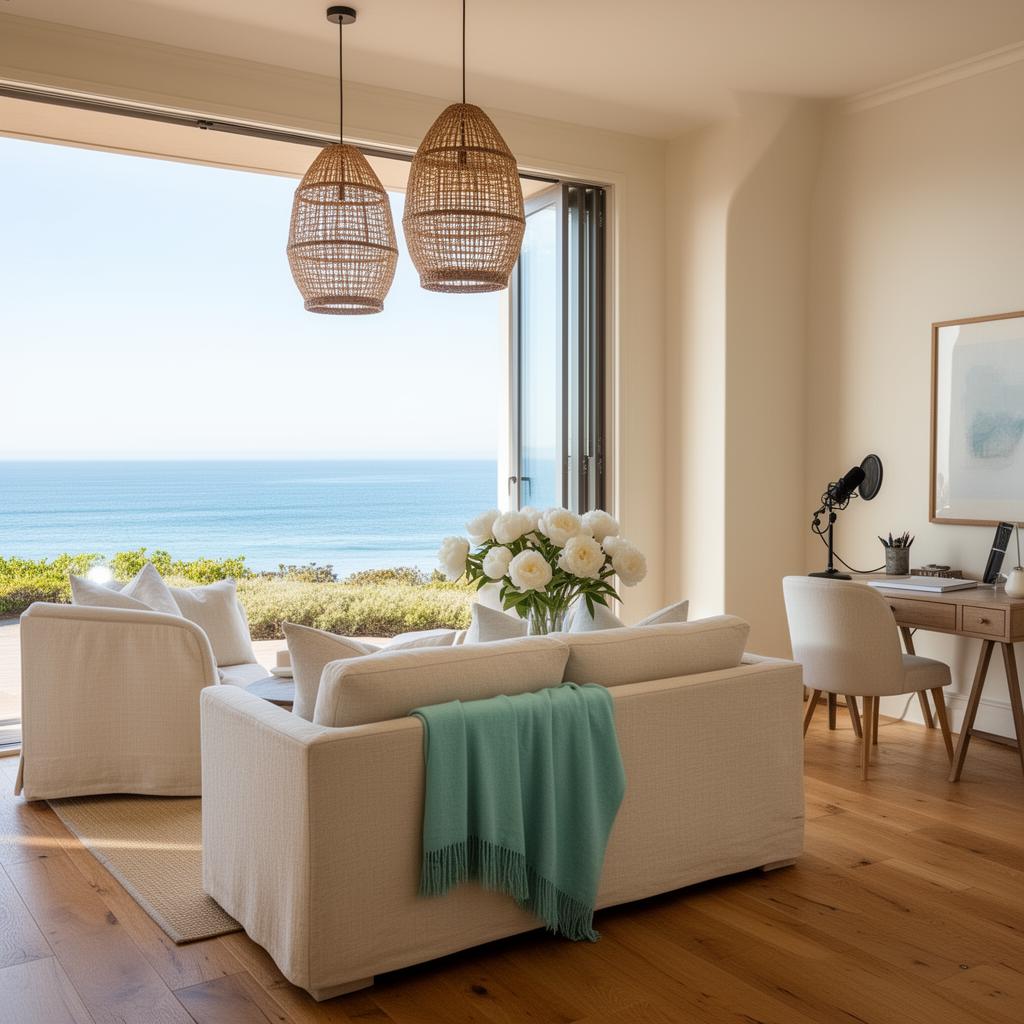 Concept interior: coastal living room with ocean view, linen sofas, and a podcast nook