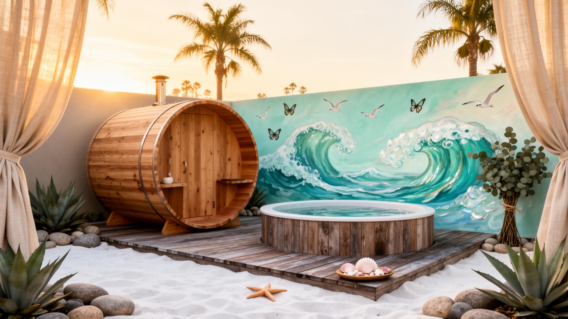 Beach-vibe mockup of a cedar barrel sauna and cold plunge set on teak decking with a turquoise ocean wave mural and butterflies